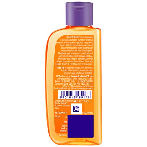 Clean & Clear Foaming Face Wash - Oil-Free, Wont Clog Pores, Removes Oil & 99.8% Pimple Causing Germs, 50 ml