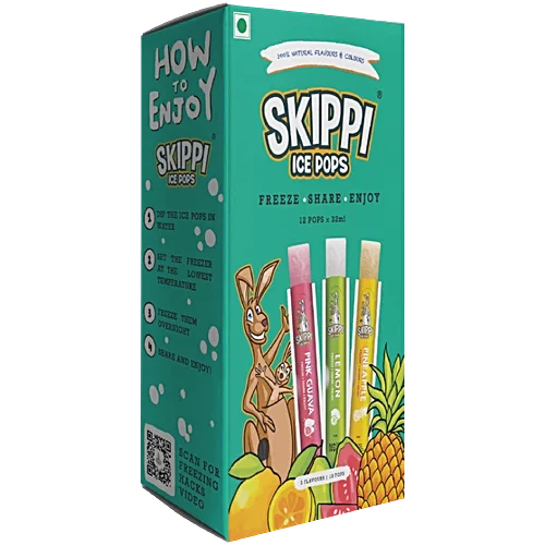 Skippi Ice Pops Natural Icepops - Pink Guava, Lemon, Pineapple, 384 ml (12 pcs x 32 ml each)