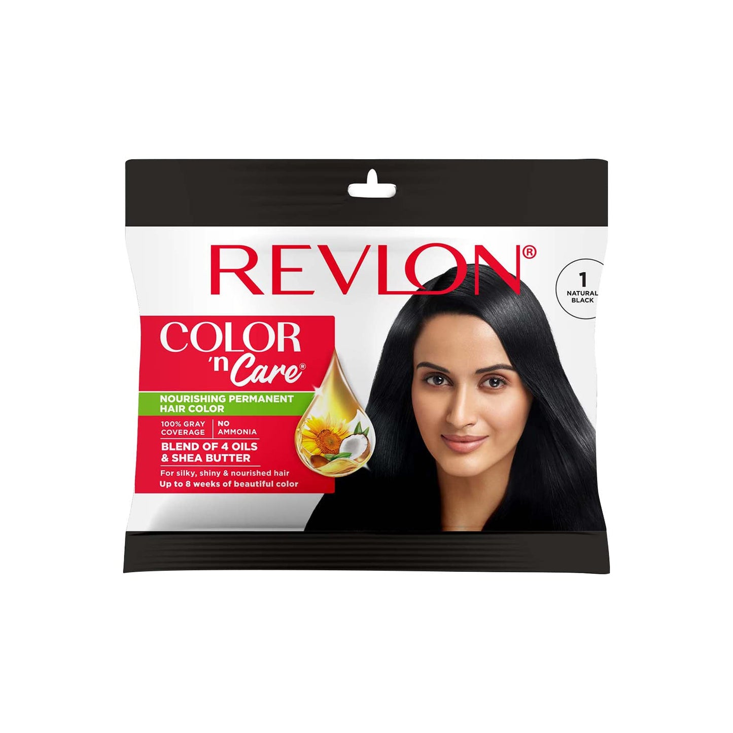 REVLON Color 'n Care NOURISHING PERMANENT HAIR COLOR - 1 Natural Black - Has essentials oils of Coconut Argan, Sunflower & Jojoba oil, along with shea butter - Sachet