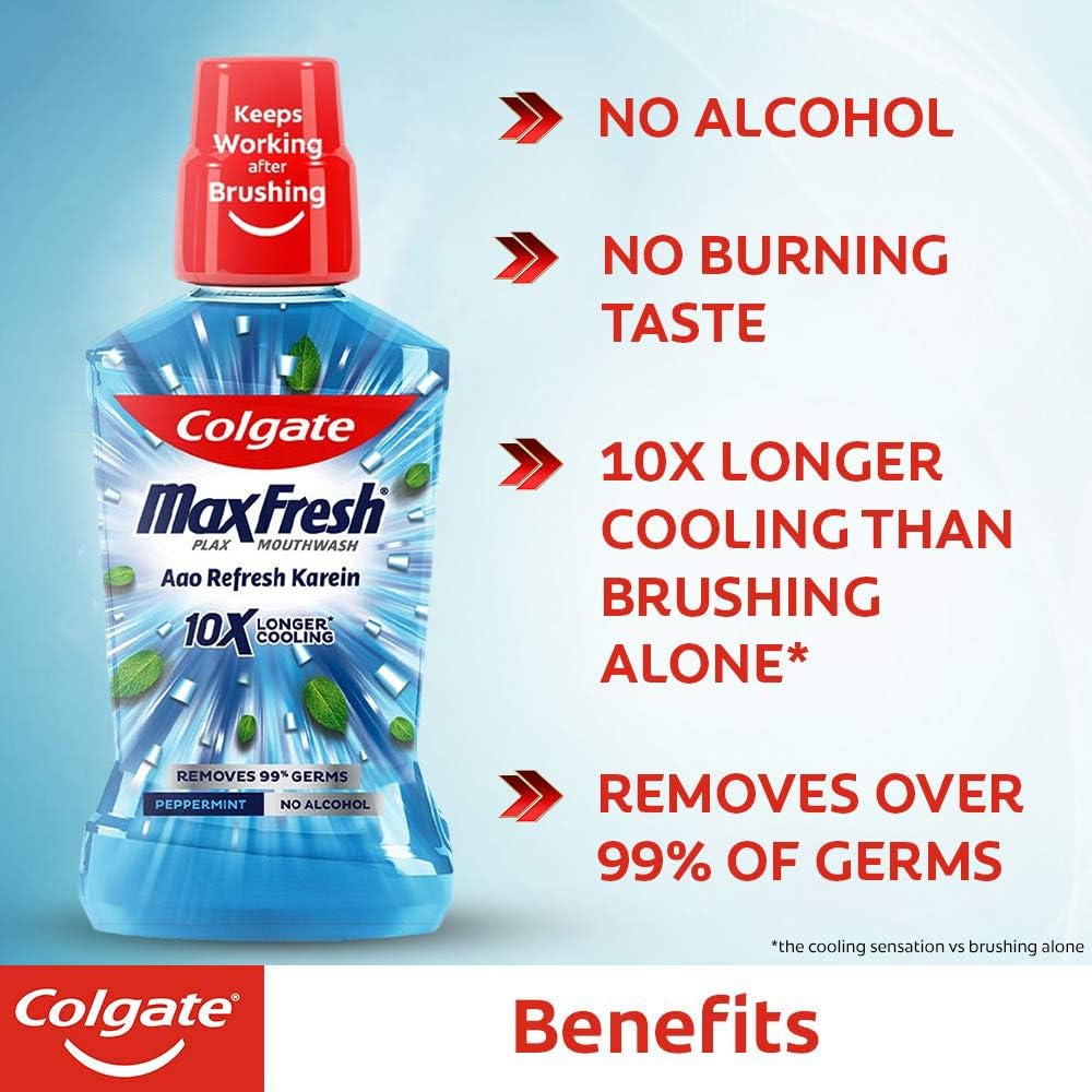 Colgate Maxfresh Plax Antibacterial Mouthwash, 24/7 Fresh Breath, Alcohol Free Mouth Wash Liquid for Bad Breath - 500ml Pepper Mint
