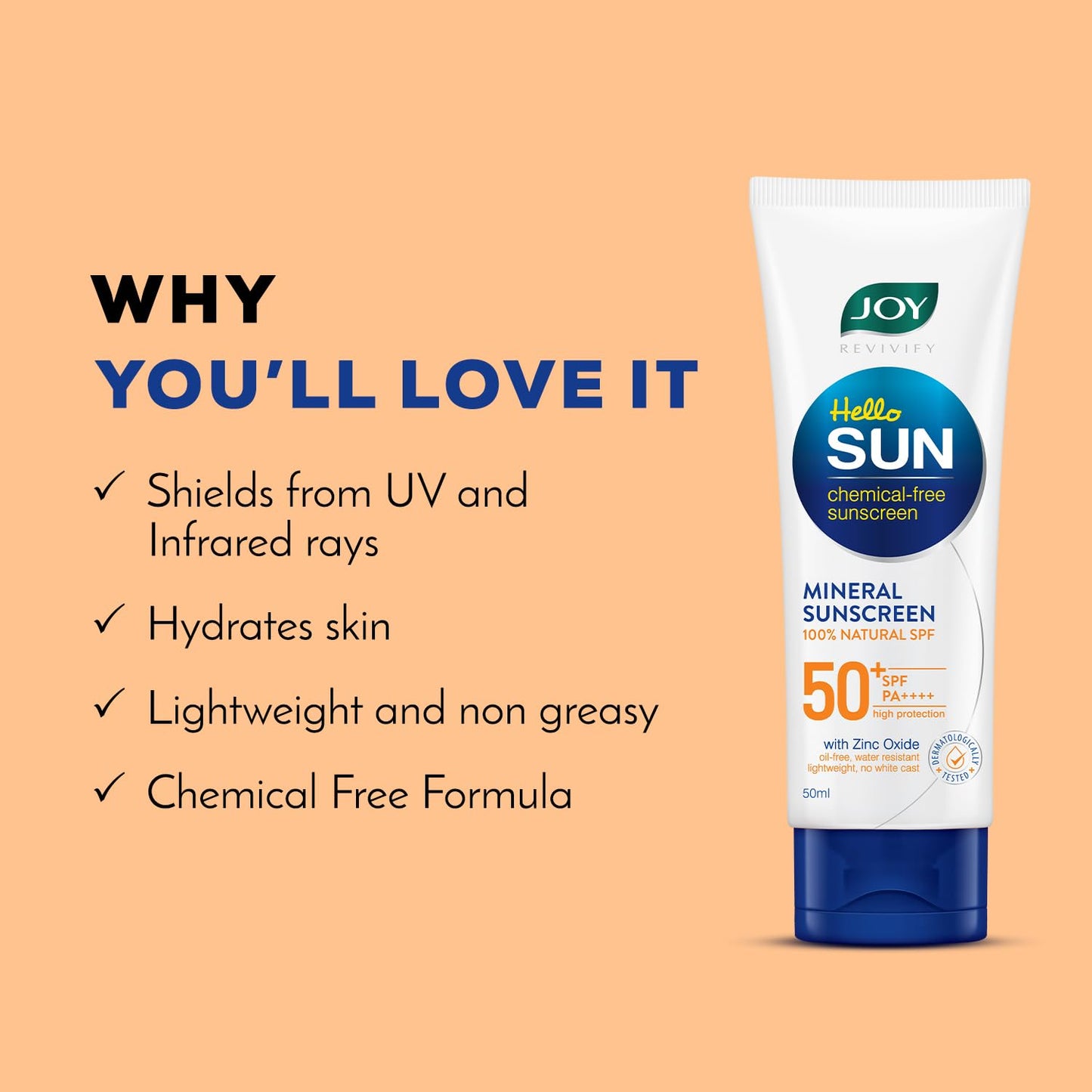 Joy SPF 50 PA++++ Mineral Sunscreen For Oily Skin with 100% Natural SPF & Zinc Oxide 50ml