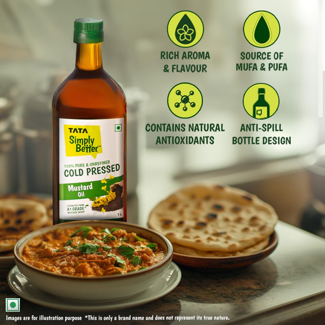 Tata Simply Better Pure & Unrefined Cold Pressed Mustard Oil,Naturally Cholesterol Free, 1L, Rich Aroma & Flavour of Real Mustard Seeds, A1 Grade Mustard Seeds