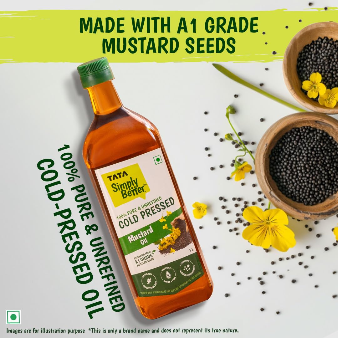 Tata Simply Better Pure & Unrefined Cold Pressed Mustard Oil,Naturally Cholesterol Free, 1L, Rich Aroma & Flavour of Real Mustard Seeds, A1 Grade Mustard Seeds