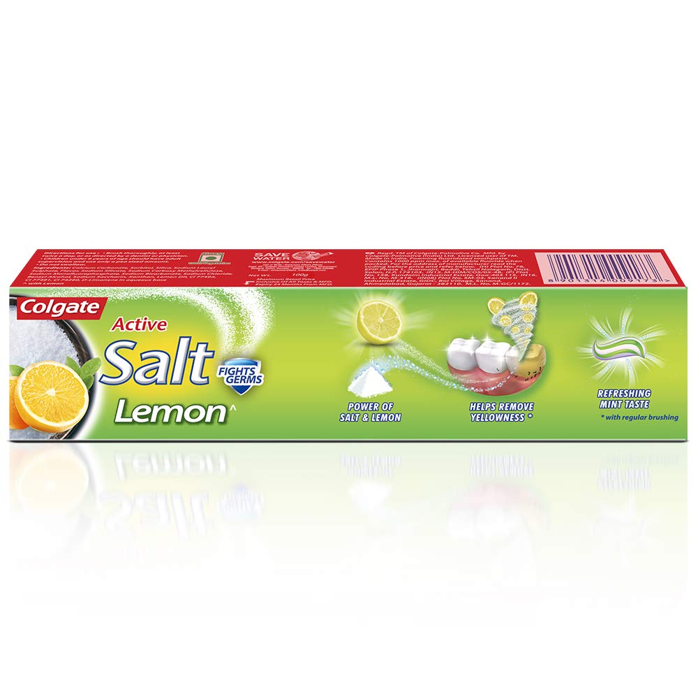 Colgate Active Salt Lemon Toothpaste, Germ Fighting, Tooth paste for Healthy Gums, Removes Yellowness of Teeth, 100g