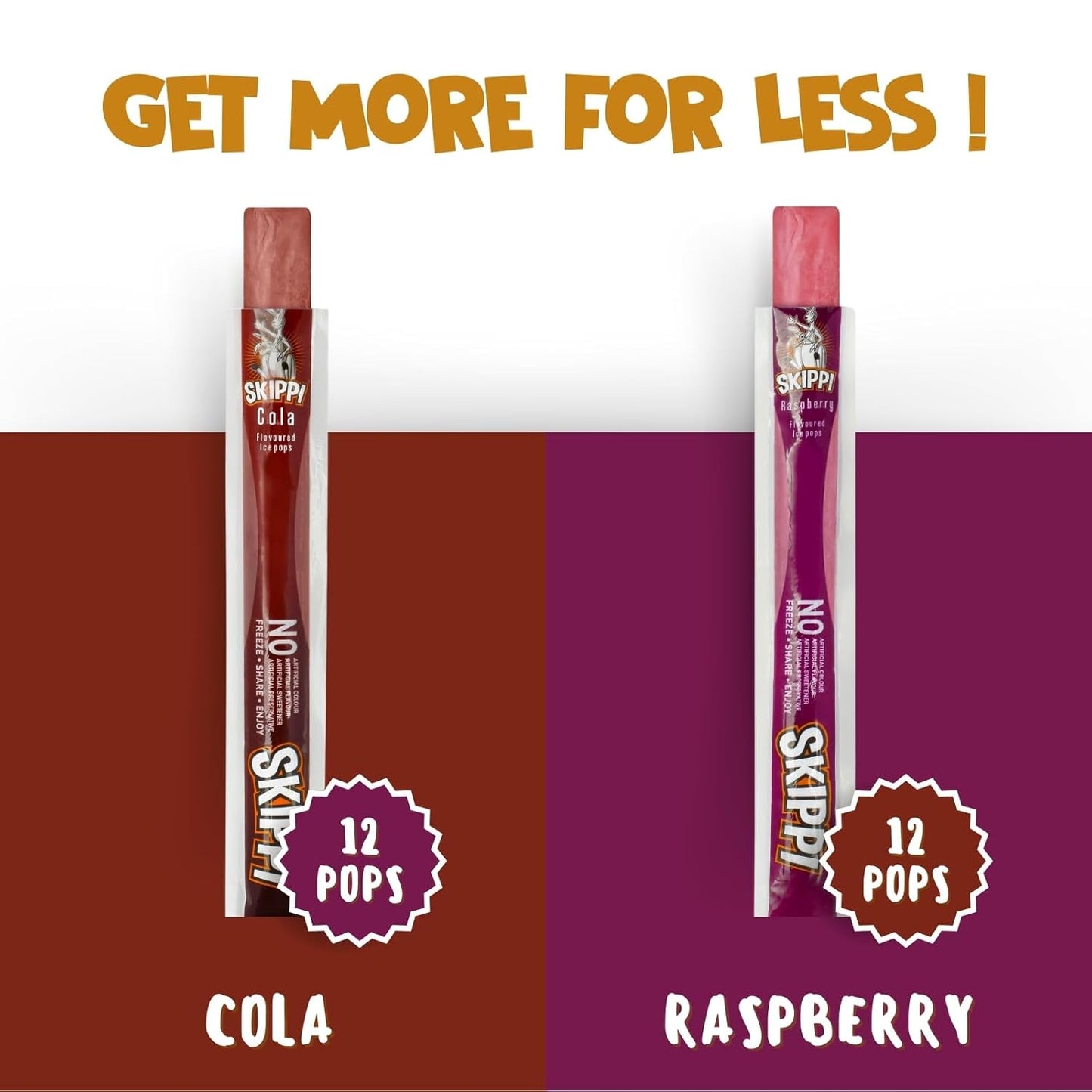 Skippi Ice Pops Freezer Pops, Juice Bars, Ice Pops - Cola & Raspberry Flavors (12+12 Pops Boxes) - 12 Gm