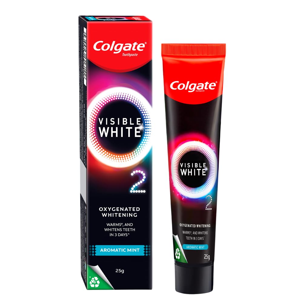 Colgate Visible White O2, Teeth Whitening Toothpaste (25g) for noticeably whiter teeth starting in 3 days. Aromatic Mint with Active Technology, Enamel Safe Teeth Whitening & Fresh Breath