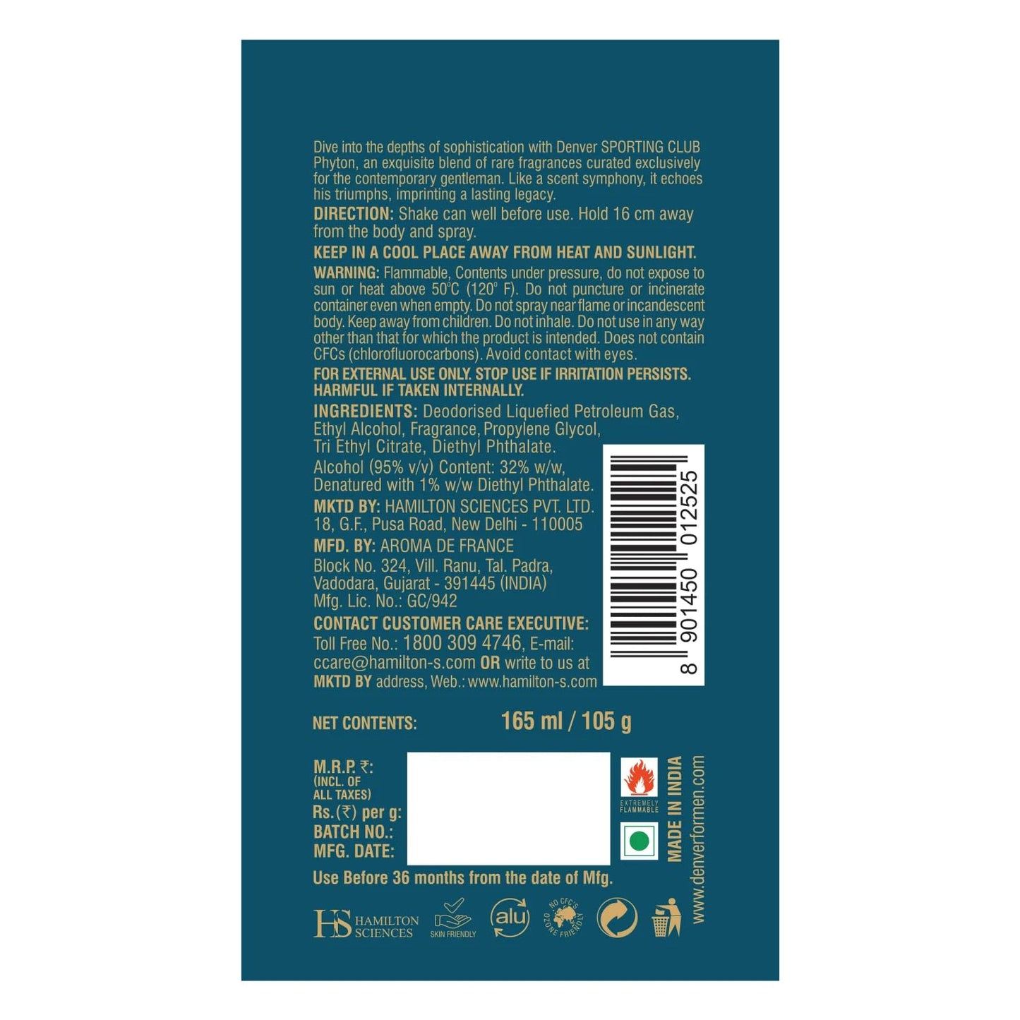 DENVER Phyton Sporting Club Deodorant -165ML | Long Lasting Deo for Men & Boys