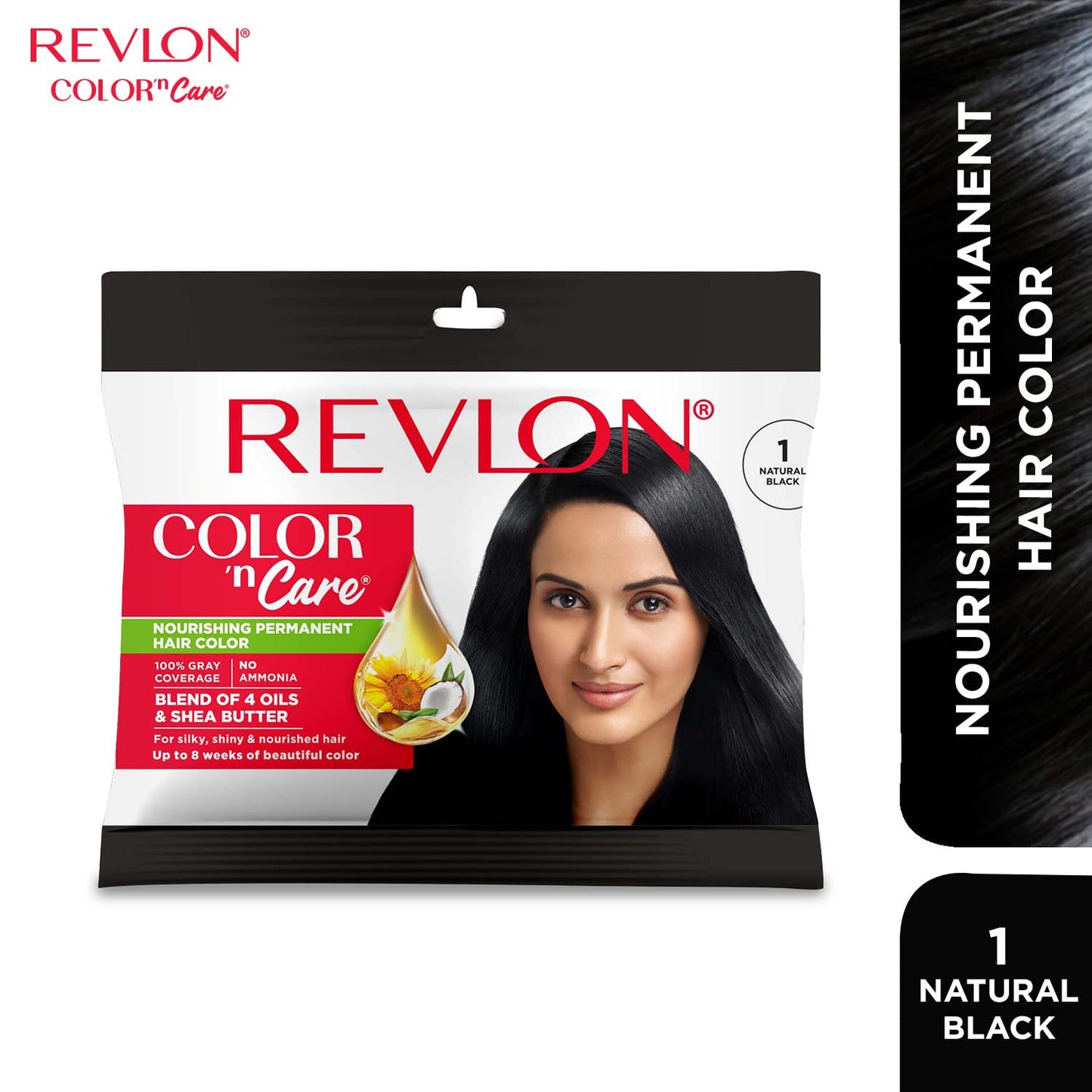 REVLON Color 'n Care NOURISHING PERMANENT HAIR COLOR - 1 Natural Black - Has essentials oils of Coconut Argan, Sunflower & Jojoba oil, along with shea butter - Sachet