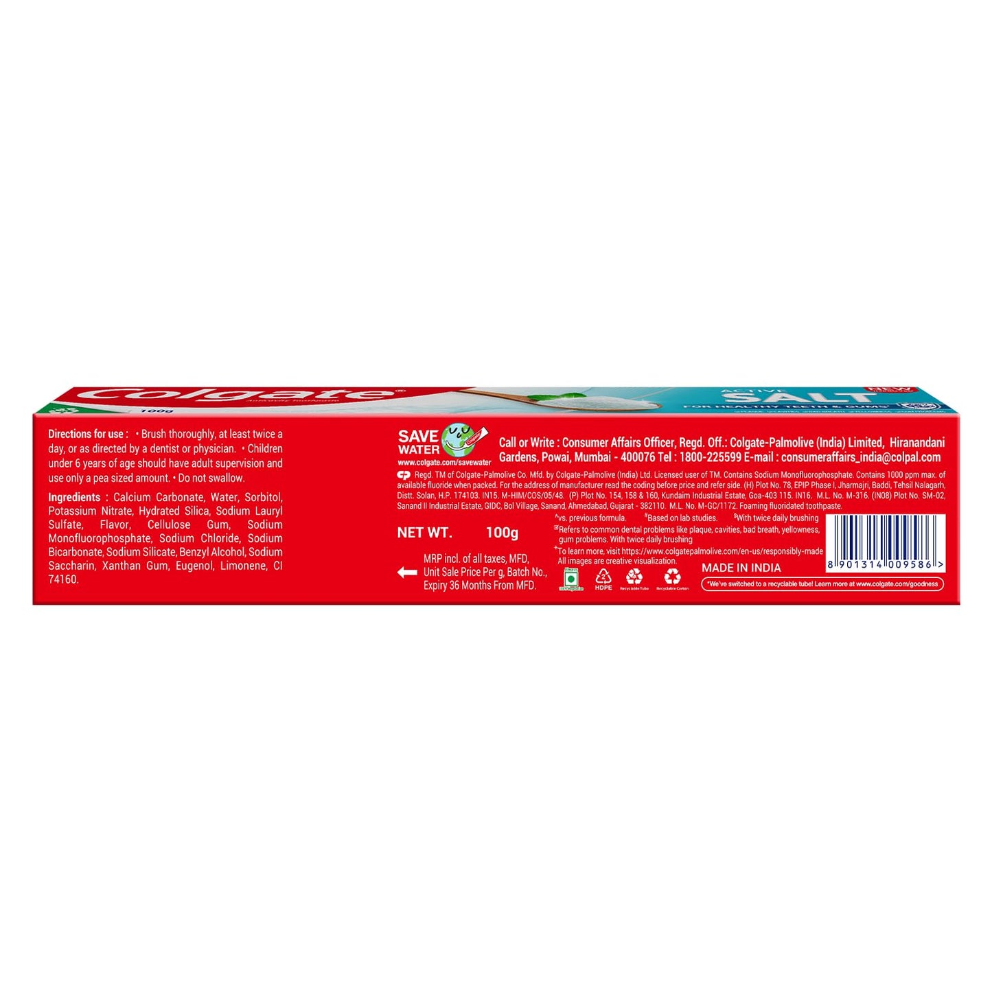 Colgate Active Salt Toothpaste, Daily Germ Protection, Pack of 100g, Toothpaste with Salt and Mint, Healthy Gums & Teeth, Tooth paste that Fights Germs & Provides Fresh Breath