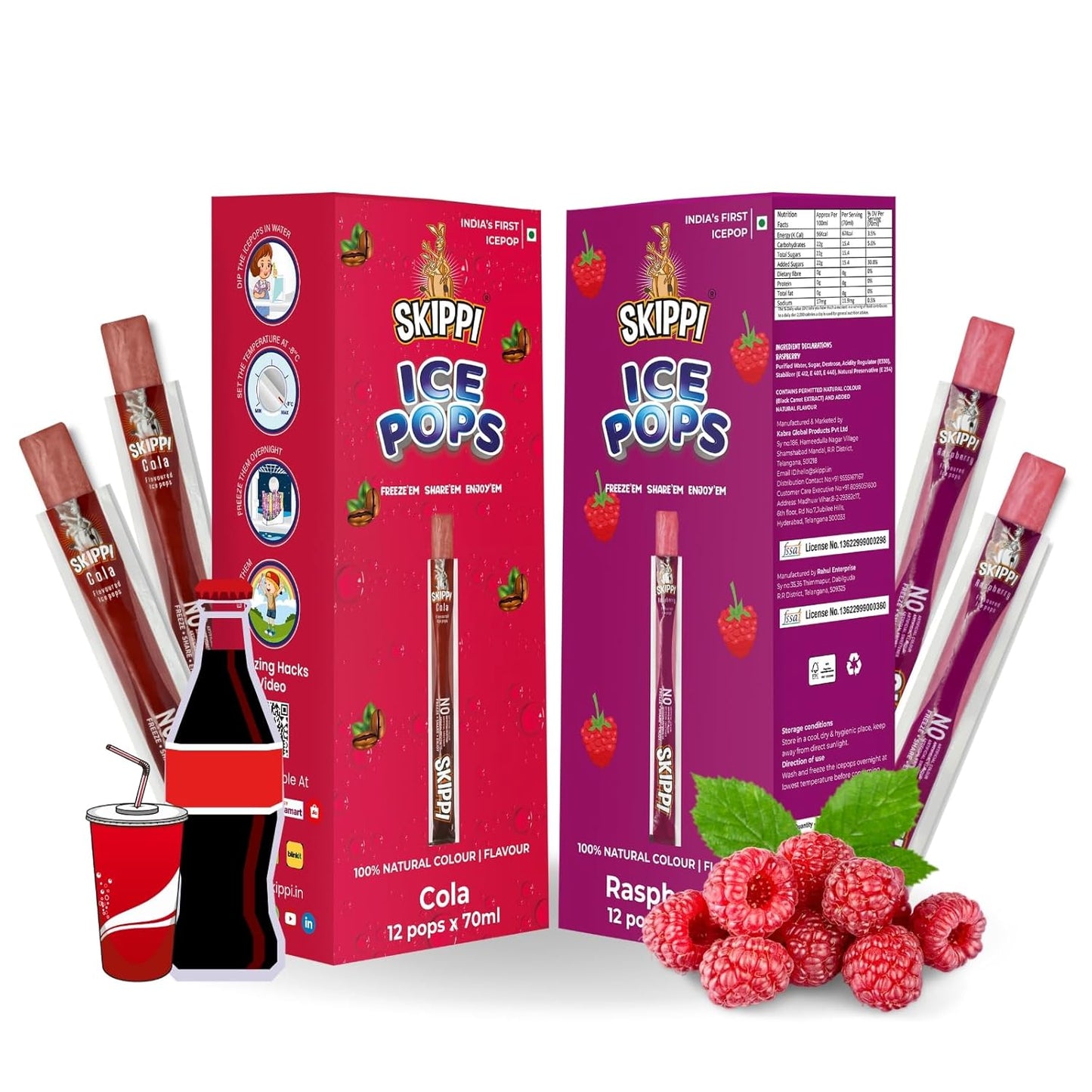 Skippi Ice Pops Freezer Pops, Juice Bars, Ice Pops - Cola & Raspberry Flavors (12+12 Pops Boxes) - 12 Gm