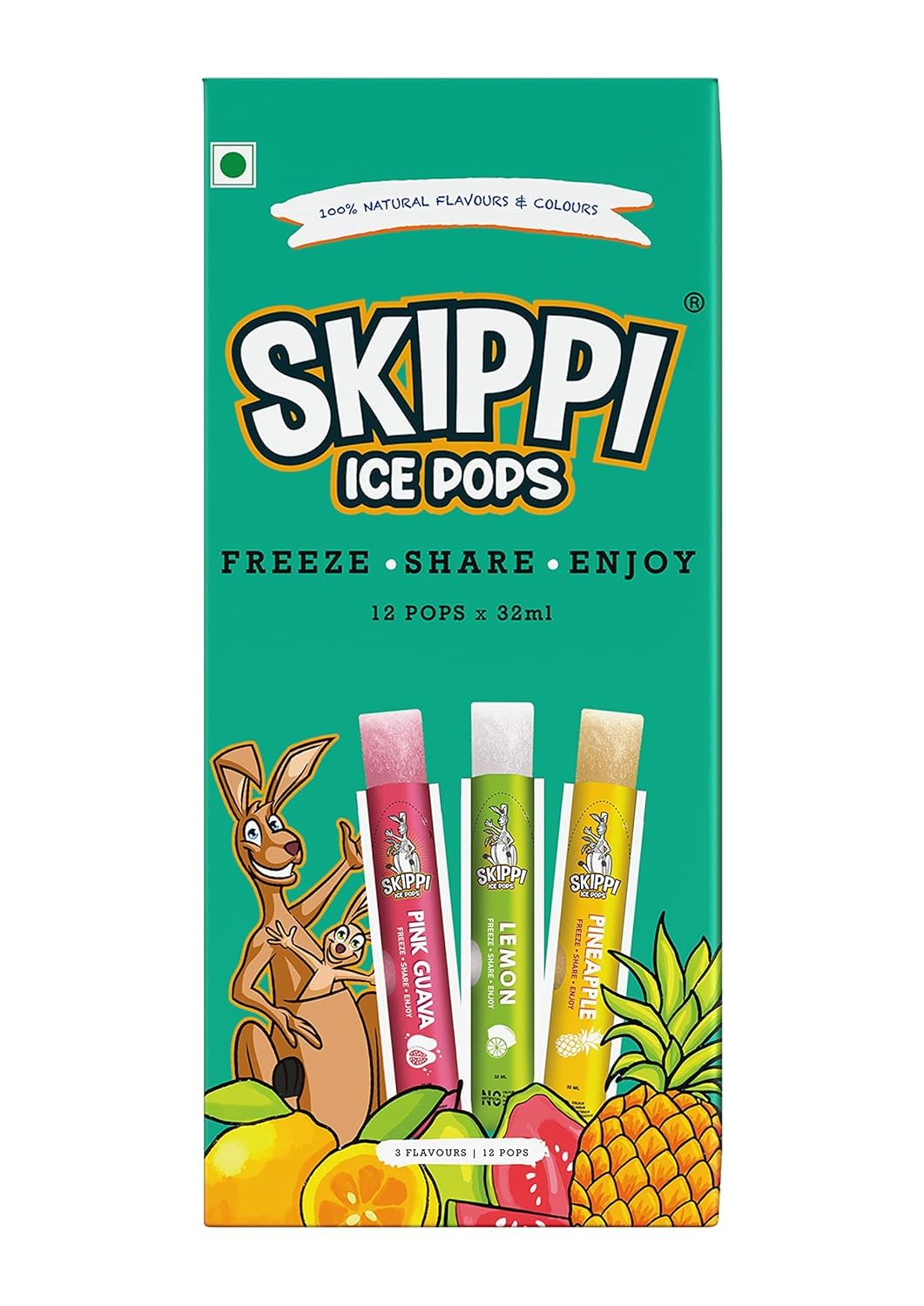 Skippi Ice Pops Skippi Icepops Natural Ice Popsicles (Pink Guava, Pineapple, Lemon) - 12 X 32 Ml