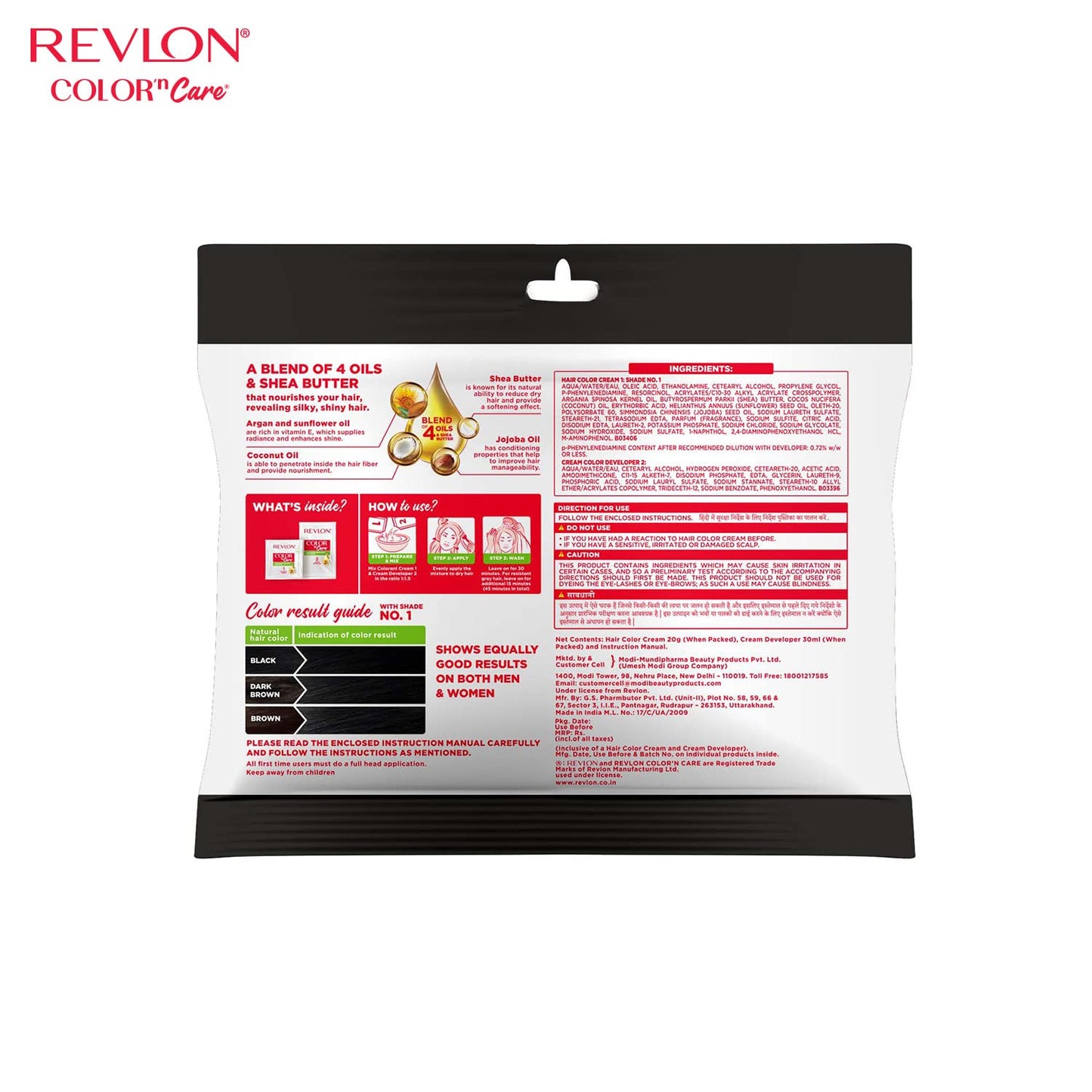 REVLON Color 'n Care NOURISHING PERMANENT HAIR COLOR - 1 Natural Black - Has essentials oils of Coconut Argan, Sunflower & Jojoba oil, along with shea butter - Sachet