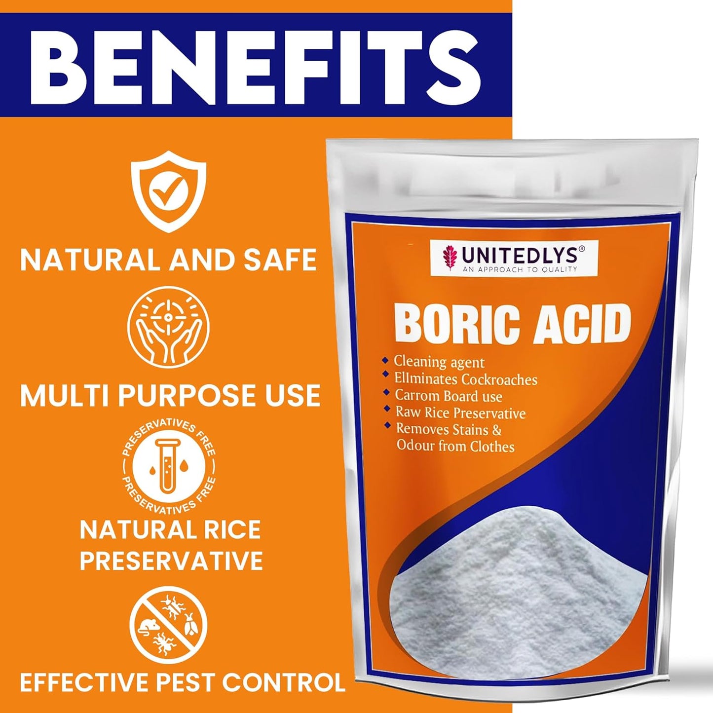Unitedlys Multi-Purpose Boric Acid Powder 200G | 100% Pure Boric Acid Powder For Cockroaches | Exceptional Carrom Powder | Boric Acid Powder For Rice Preservation