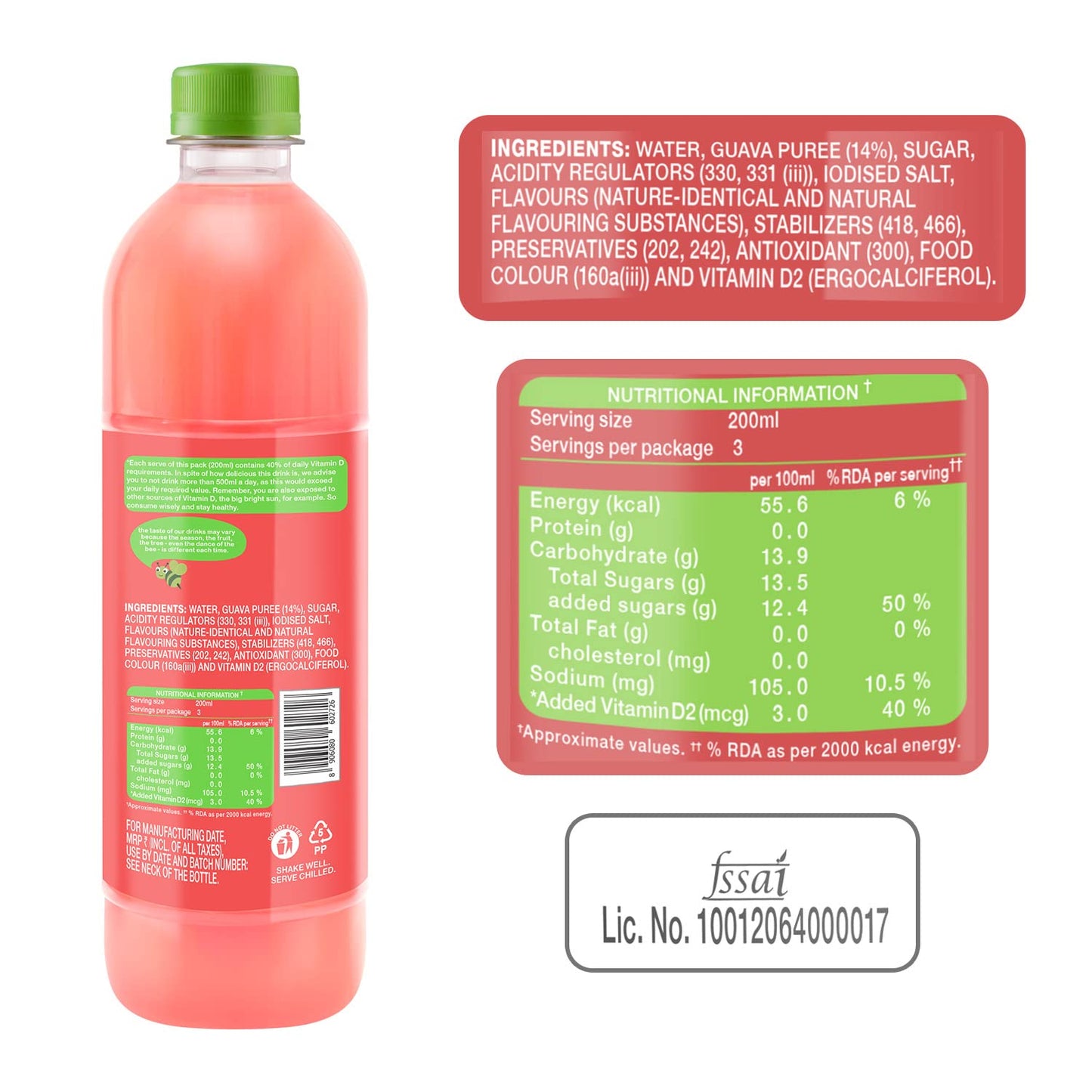 Paper Boat Swing Yummy Guava Juice, Enriched with Vitamin D, No Gmos, 600 ml