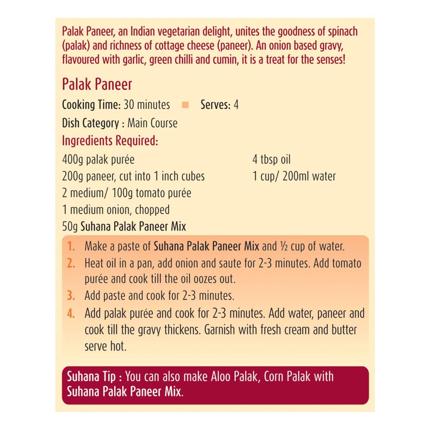 Suhana Palak Paneer 50g Pouch | Spice Mix