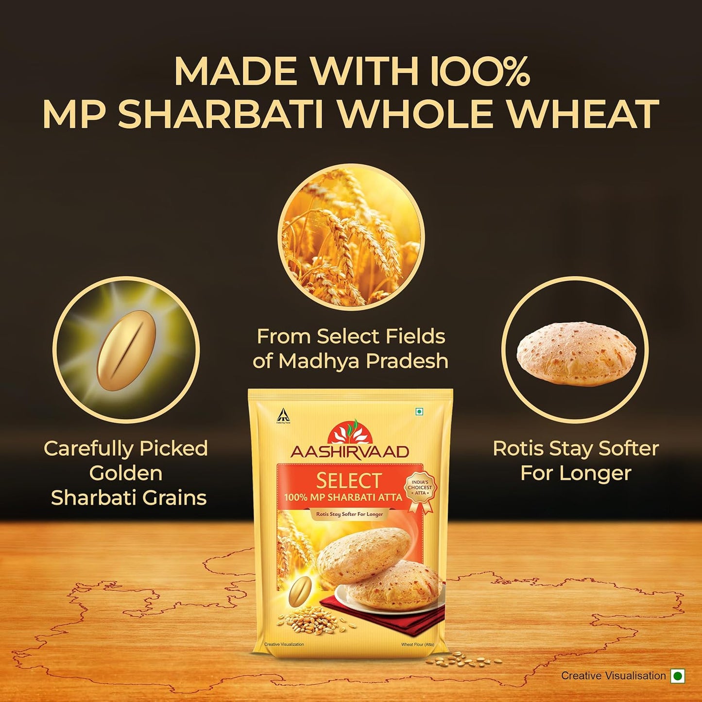 Aashirvaad Select 100% MP Sharbati Wheat Atta, 0% Maida, Made for Softer Rotis, 1 kg