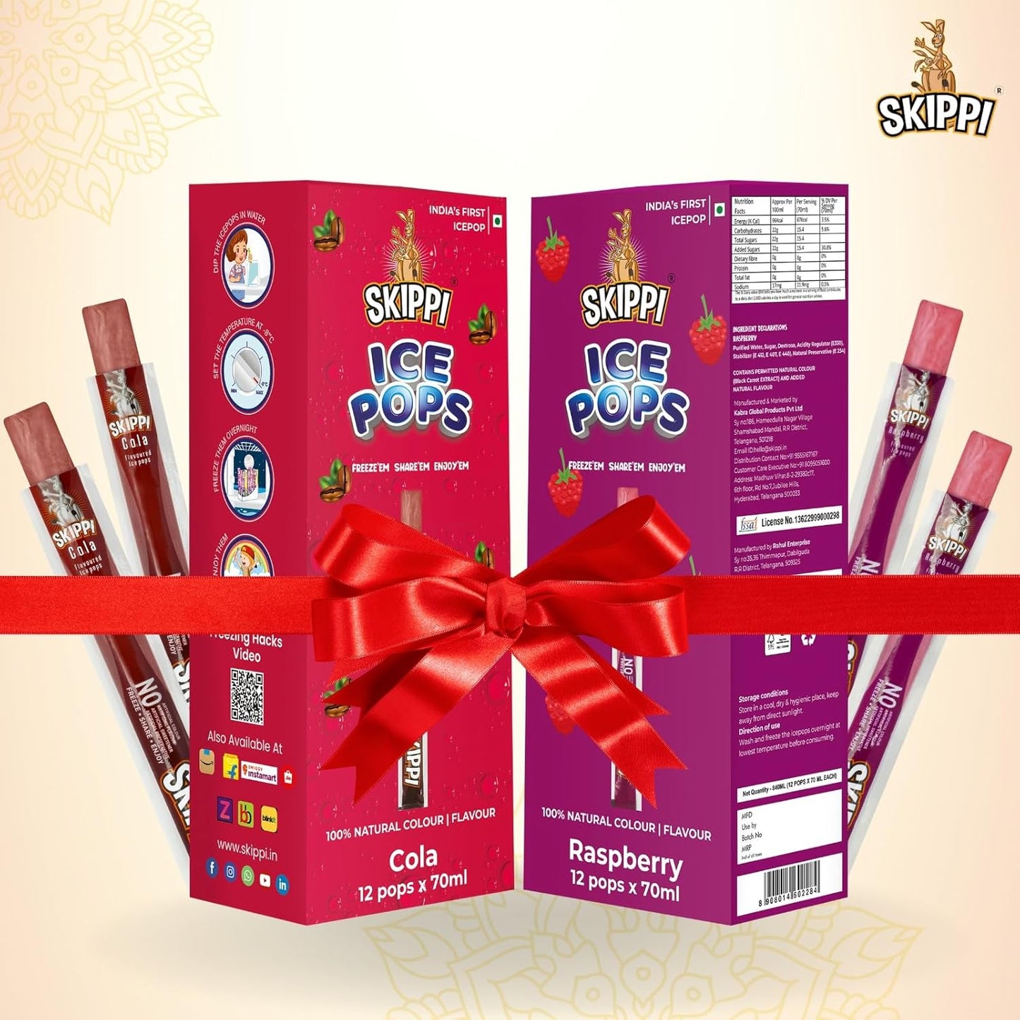 Skippi Ice Pops Freezer Pops, Juice Bars, Ice Pops - Cola & Raspberry Flavors (12+12 Pops Boxes) - 12 Gm