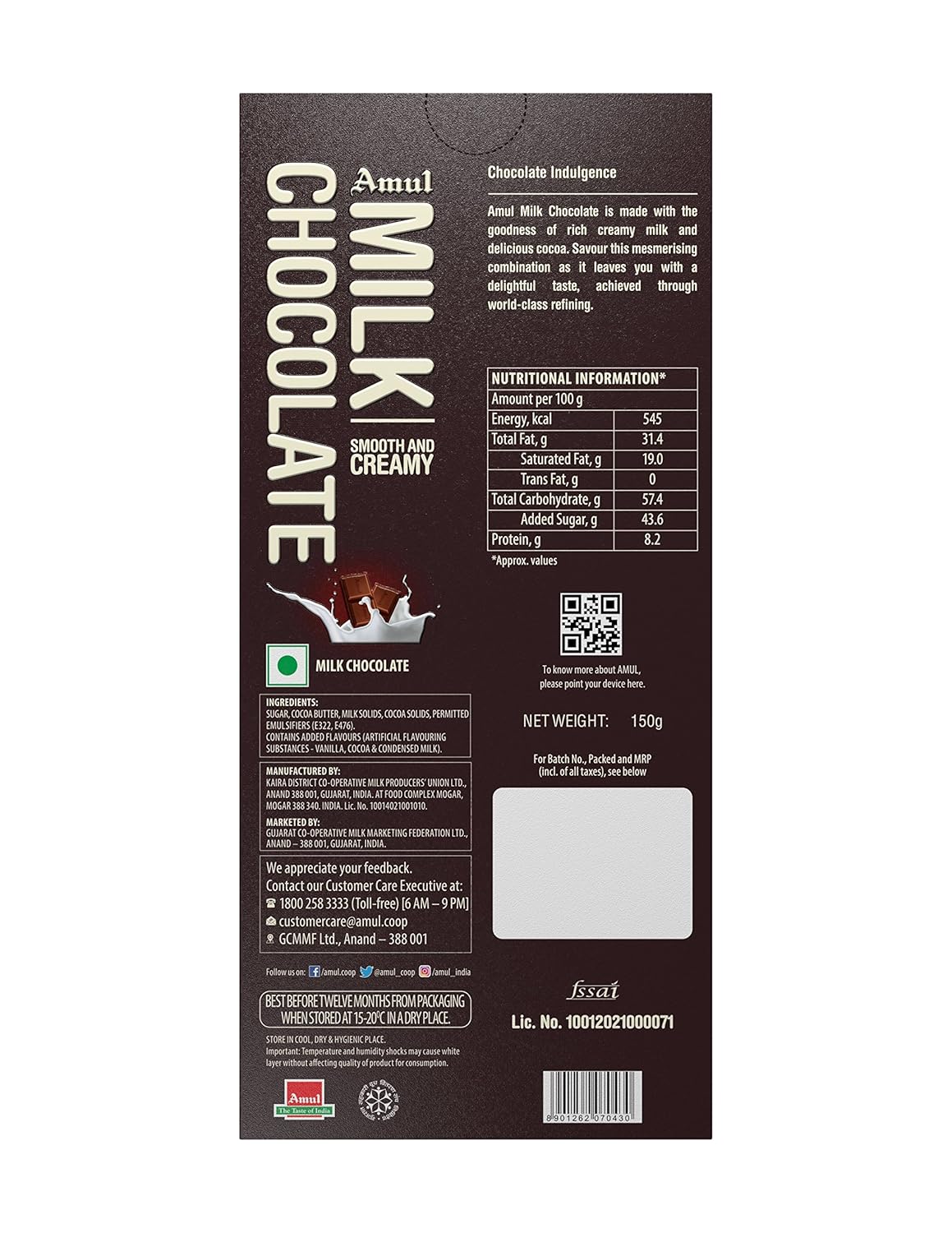 Amul Milk Chocolate, 150 g