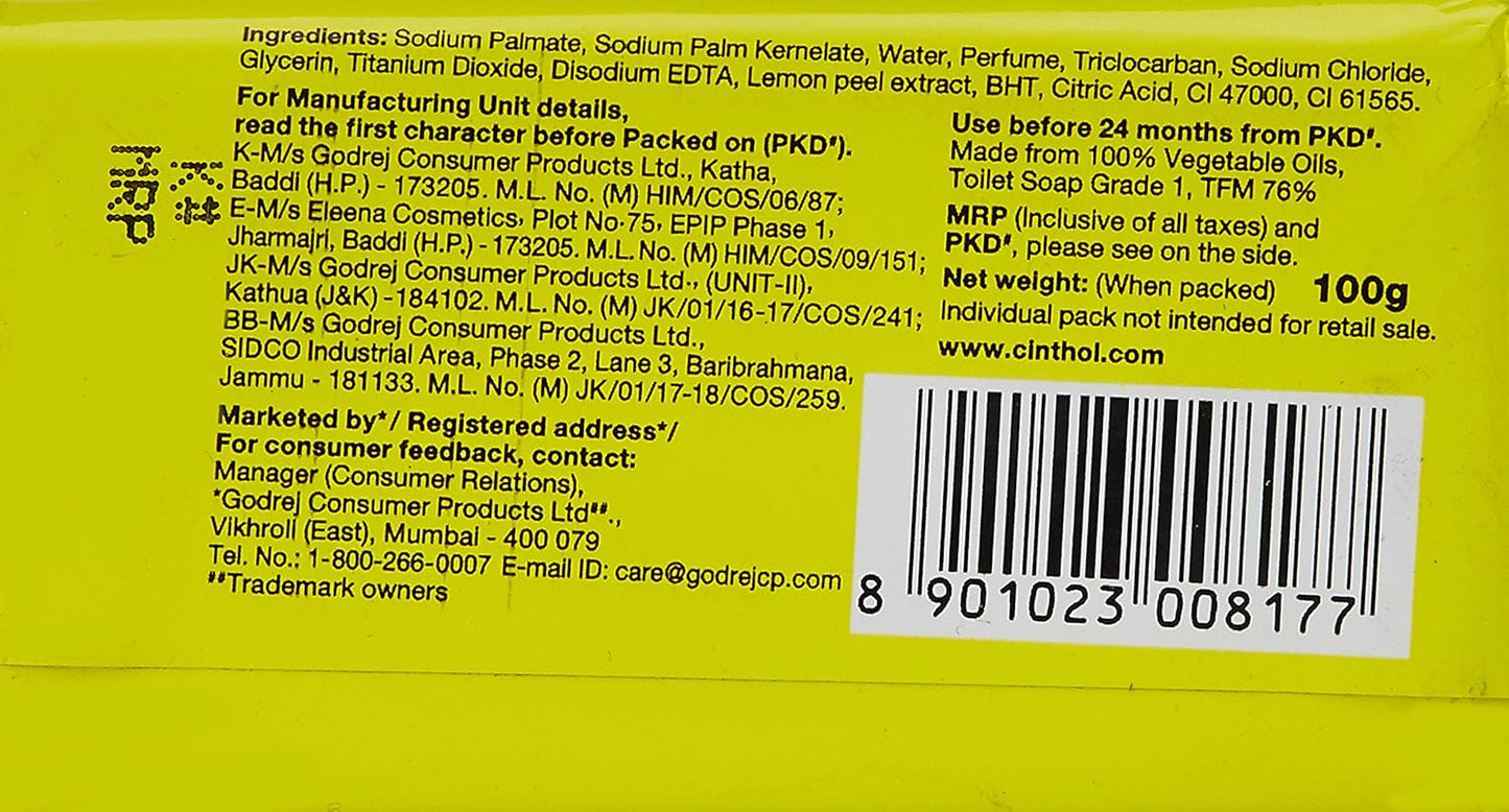 Cinthol Lime Bath Soap 99.9% Germ Protection, 100g