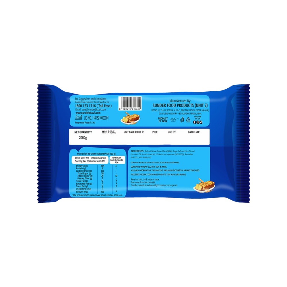 Sunder Toastana Milk Rusk 250g