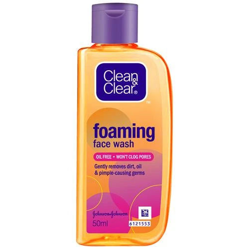 Clean & Clear Foaming Face Wash - Oil-Free, Wont Clog Pores, Removes Oil & 99.8% Pimple Causing Germs, 50 ml
