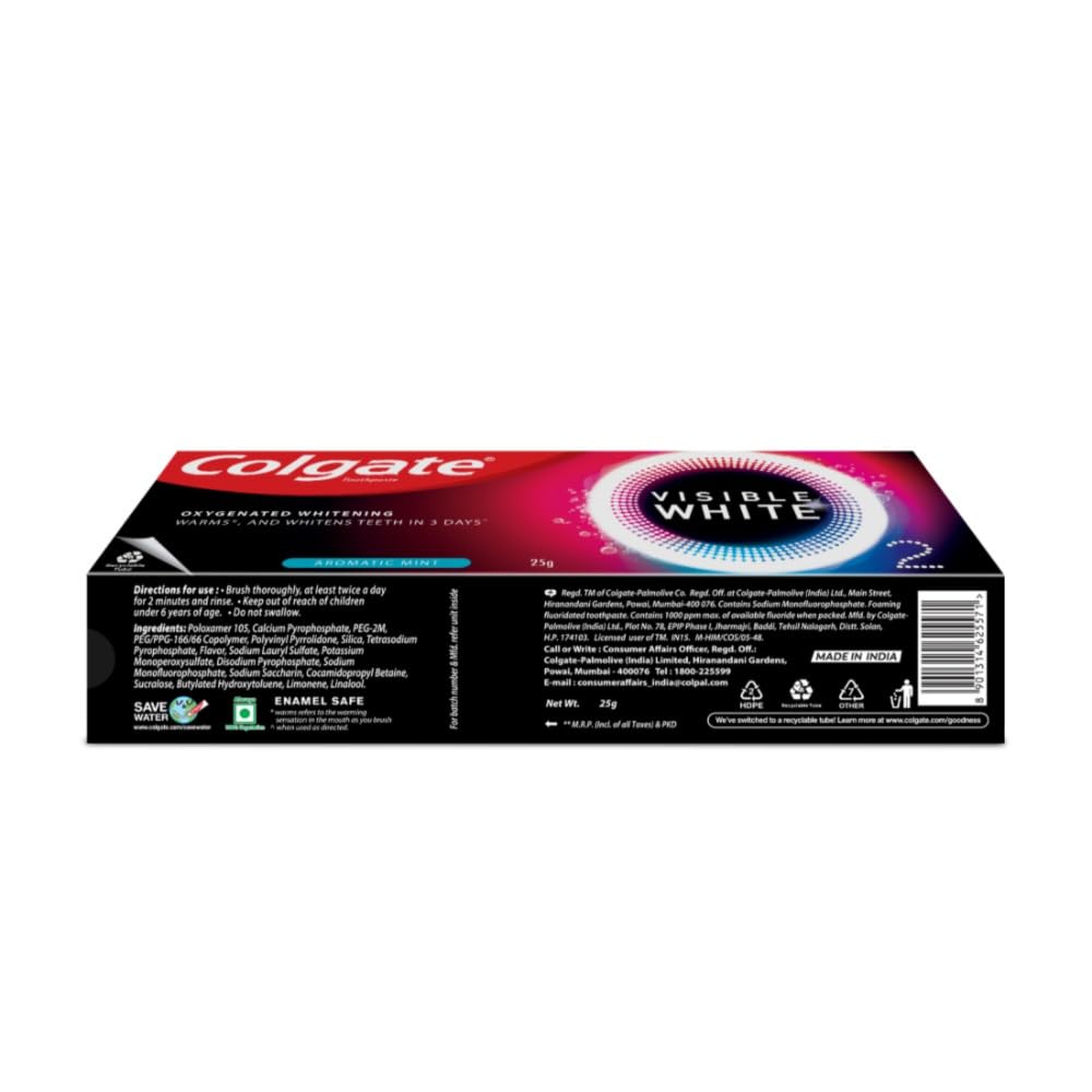 Colgate Visible White O2, Teeth Whitening Toothpaste (25g) for noticeably whiter teeth starting in 3 days. Aromatic Mint with Active Technology, Enamel Safe Teeth Whitening & Fresh Breath