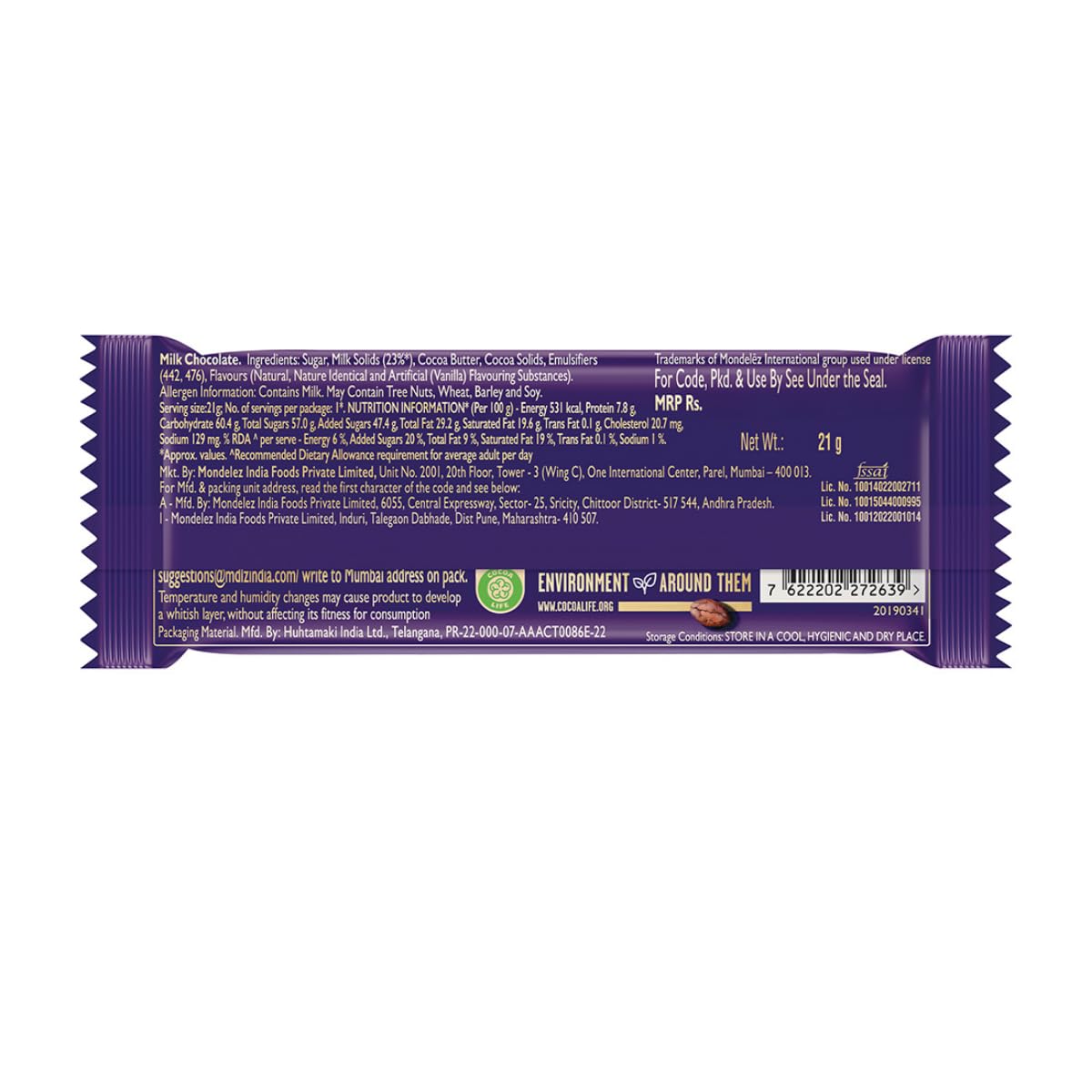 Cadbury Dairy Milk Chocolate Bar, 5.5 gram