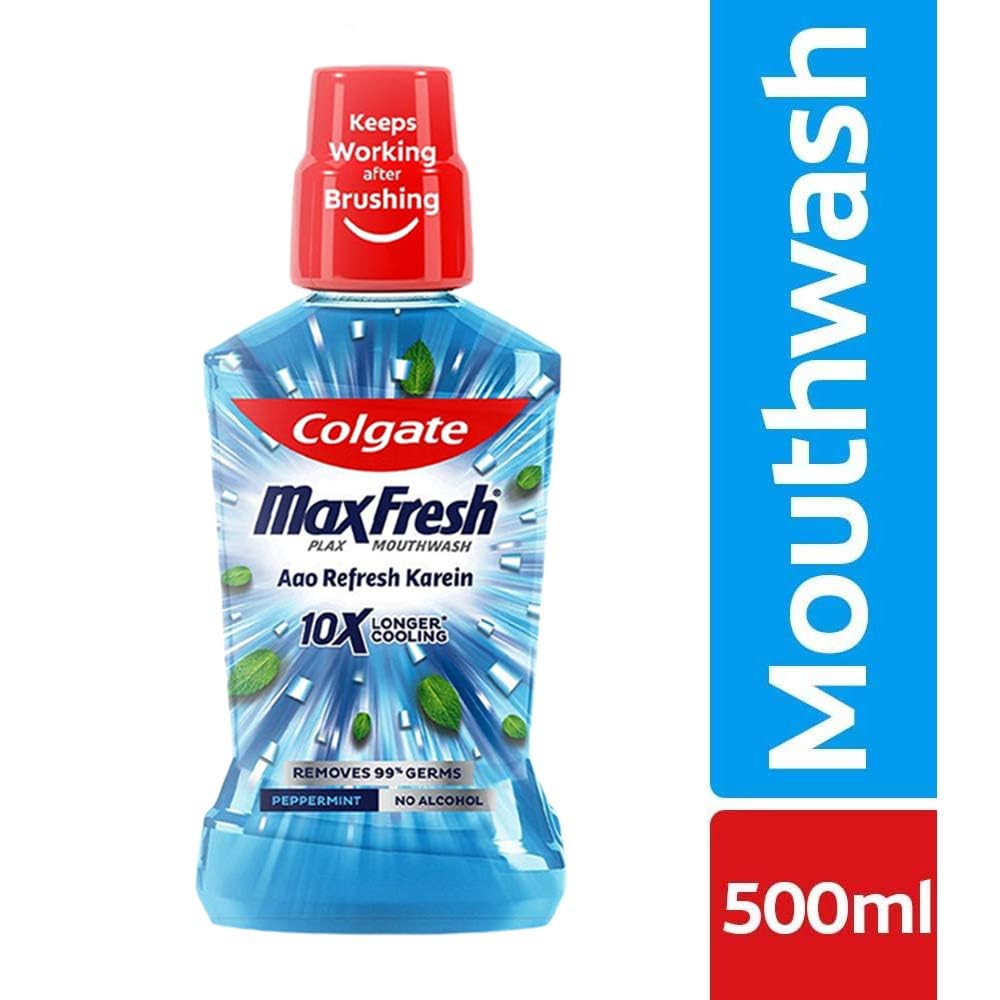 Colgate Maxfresh Plax Antibacterial Mouthwash, 24/7 Fresh Breath, Alcohol Free Mouth Wash Liquid for Bad Breath - 500ml Pepper Mint