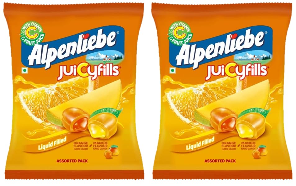 Alpenliebe Juicy fills, Orange & Mango Flavour, Assorted Candy Pouch 360gm