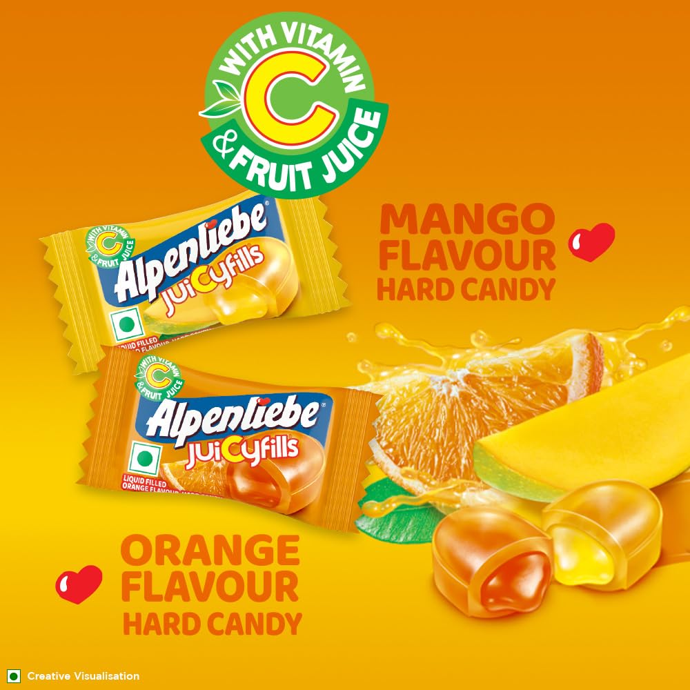 Alpenliebe Juicy Fills, Orange & Mango Flavour, Assorted Candy Pouch, 216 g