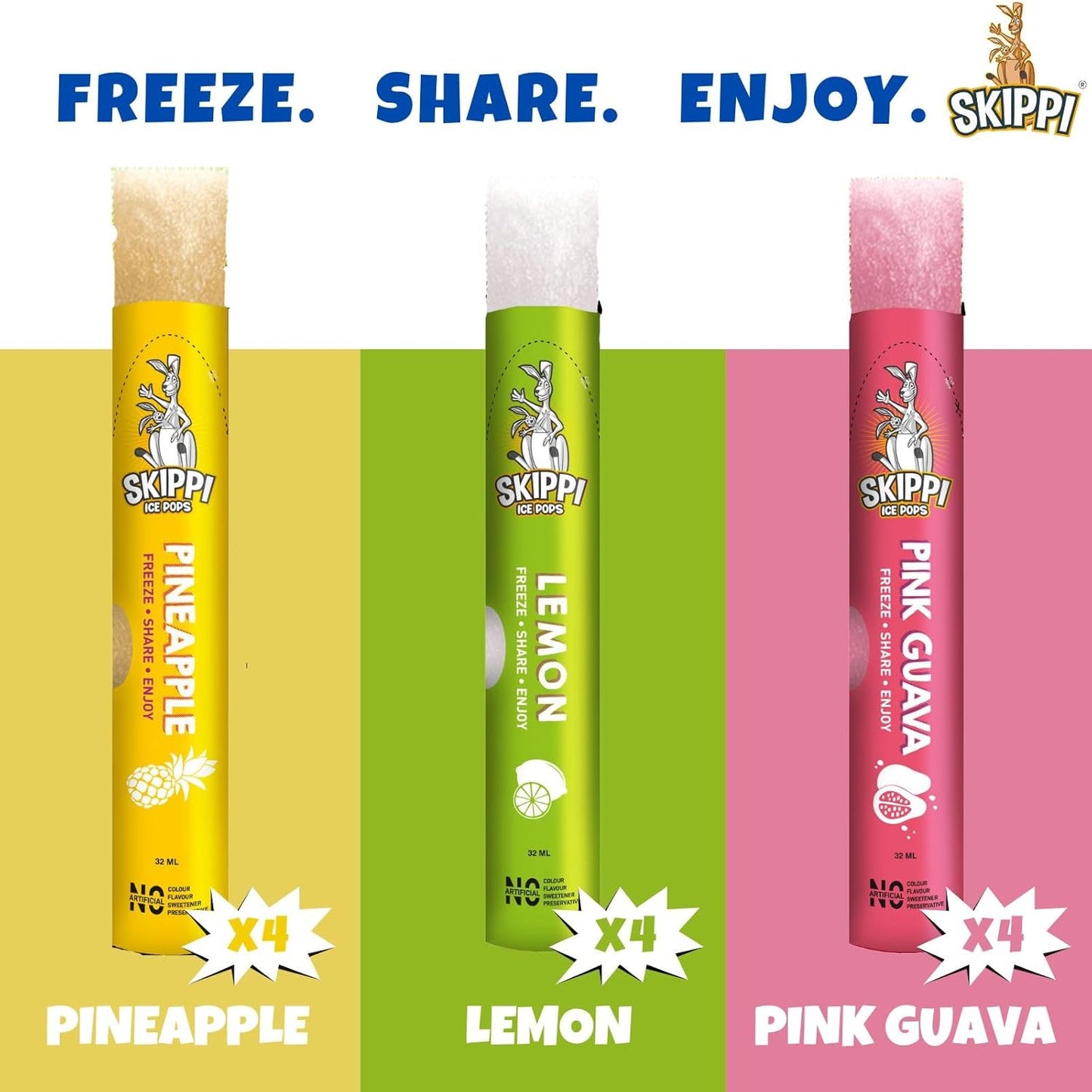 Skippi Ice Pops Skippi Icepops Natural Ice Popsicles (Pink Guava, Pineapple, Lemon) - 12 X 32 Ml