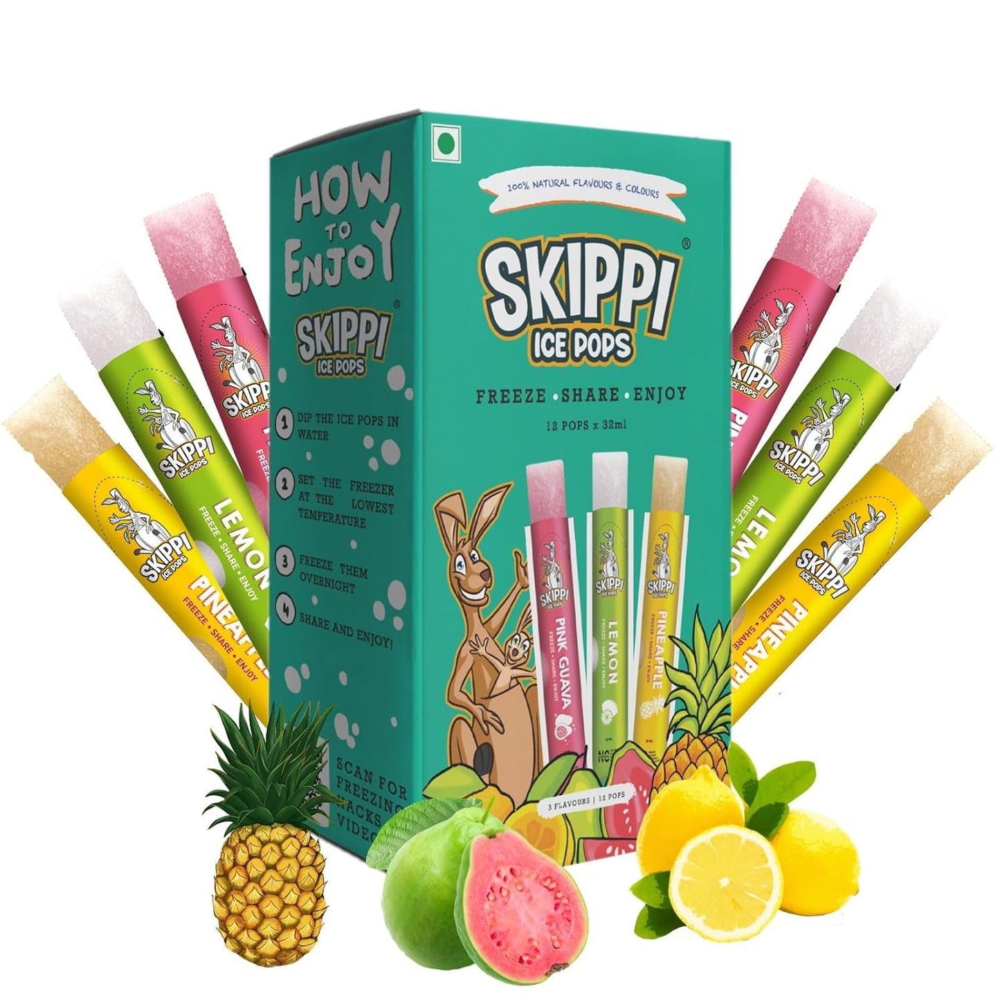 Skippi Ice Pops Skippi Icepops Natural Ice Popsicles (Pink Guava, Pineapple, Lemon) - 12 X 32 Ml