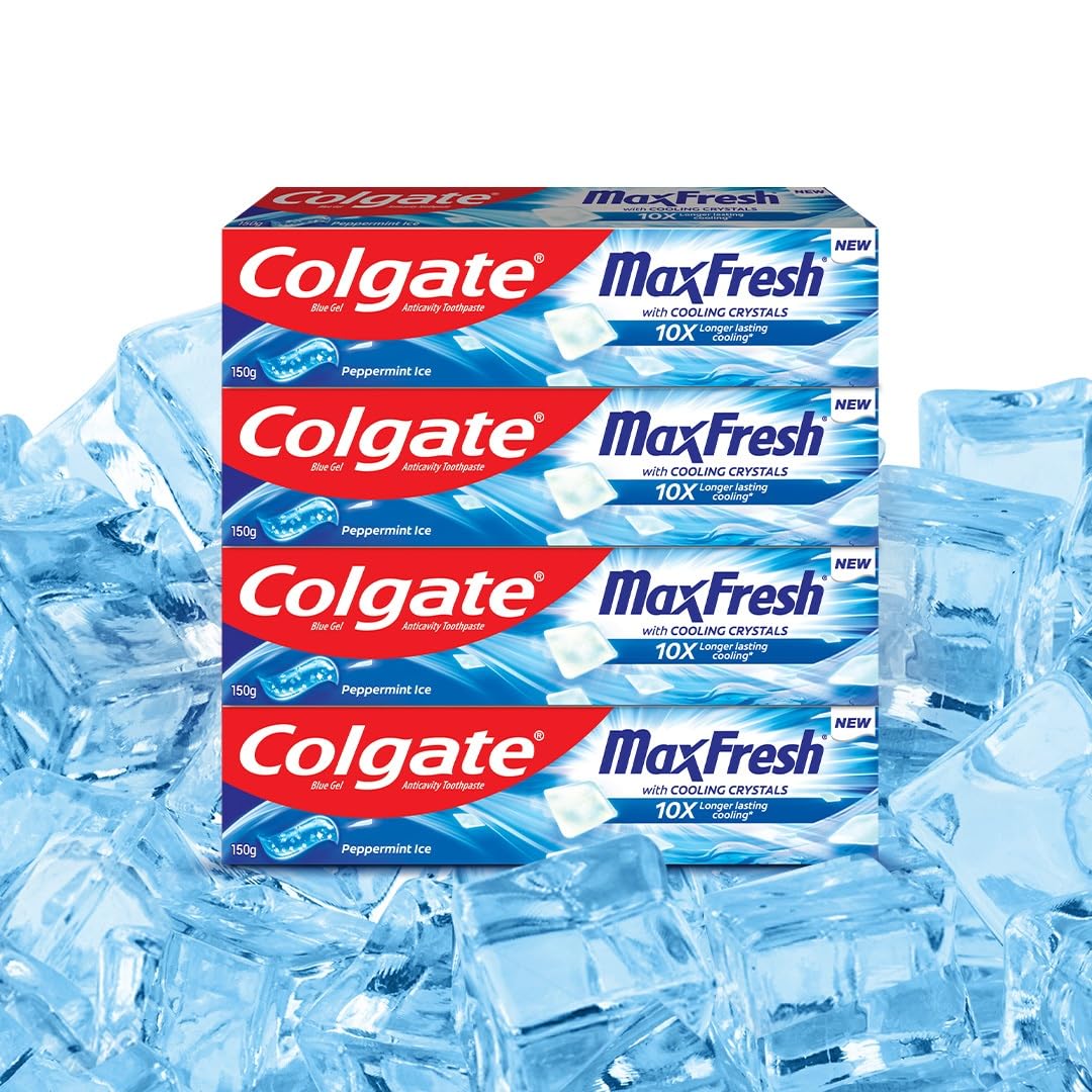 Colgate MaxFresh Toothpaste, Blue Gel Paste with Menthol for Super Fresh Breath, 450g, 150g X 3 (Peppermint Ice, Combo Pack)