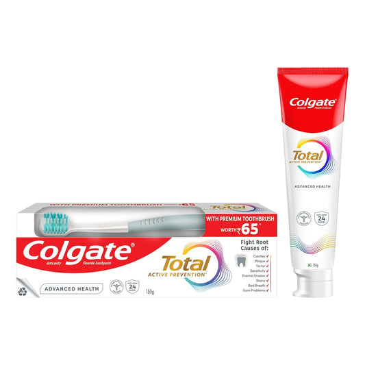 Roll over image to zoom in Colgate Total 150 Grams Advanced Health Antibacterial Toothpaste With 12-Hour Anti-Germ Protection, Whole Mouth Health, World'S No.1* Germ-Fighting (Combo Pack Offer, With A Premium Soft Toothbrush)