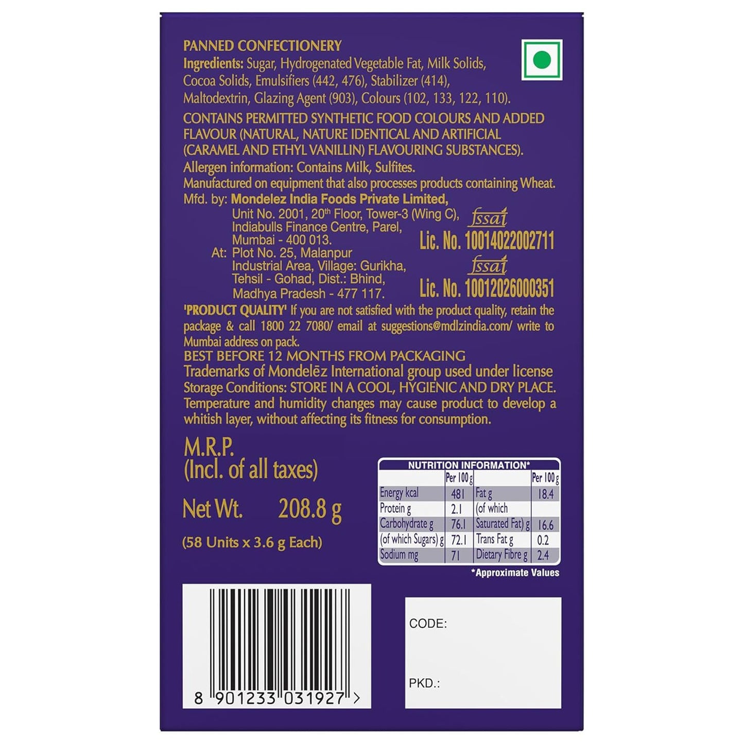 Cadbury Dairy Milk Shots, Chocolate Balls, Carton Pack (58 X 3.6 Grams), 208.8 Grams LOOSE