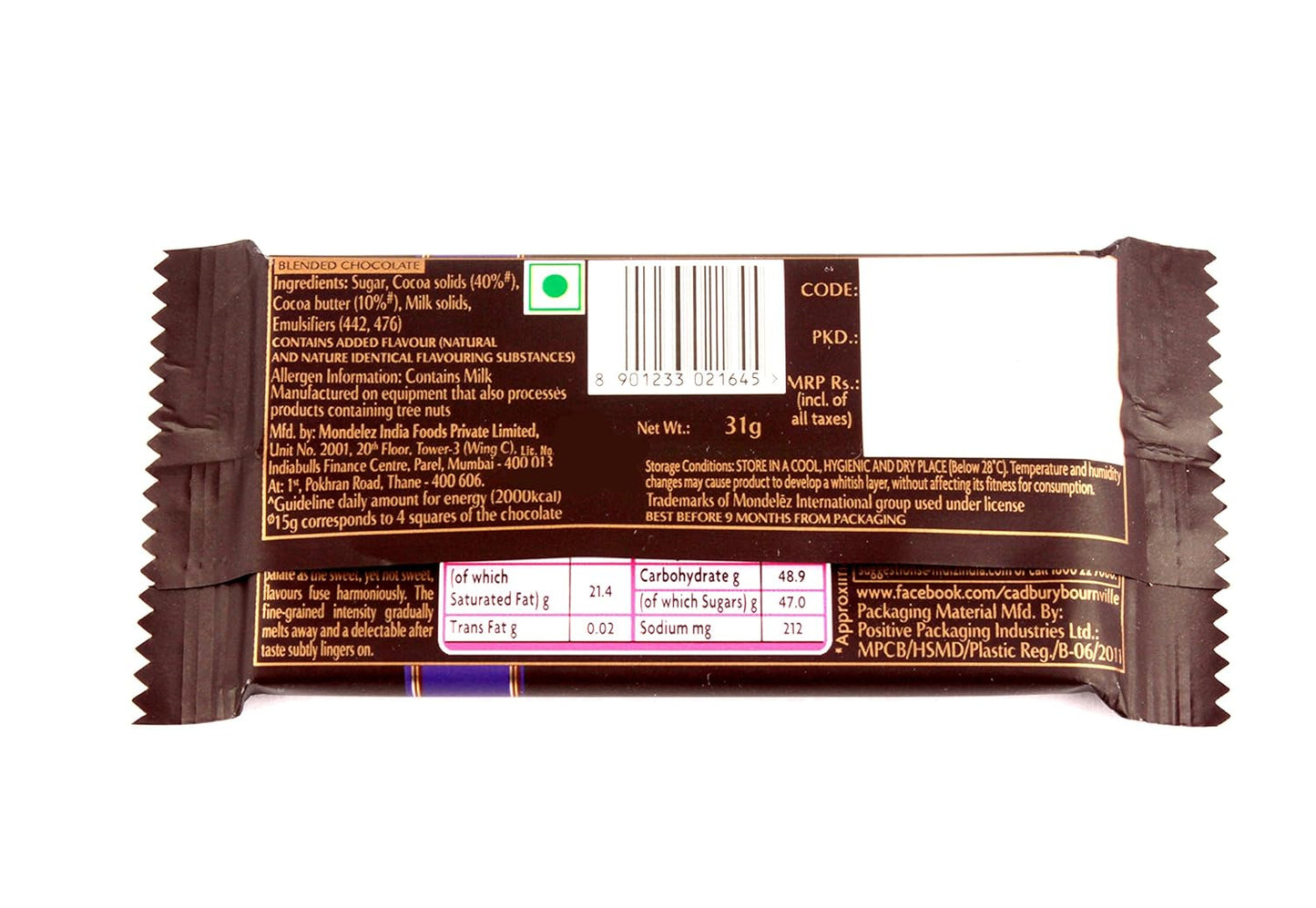 Cadbury Bournville Rich Cocoa Dark Chocolate Bar, 31g