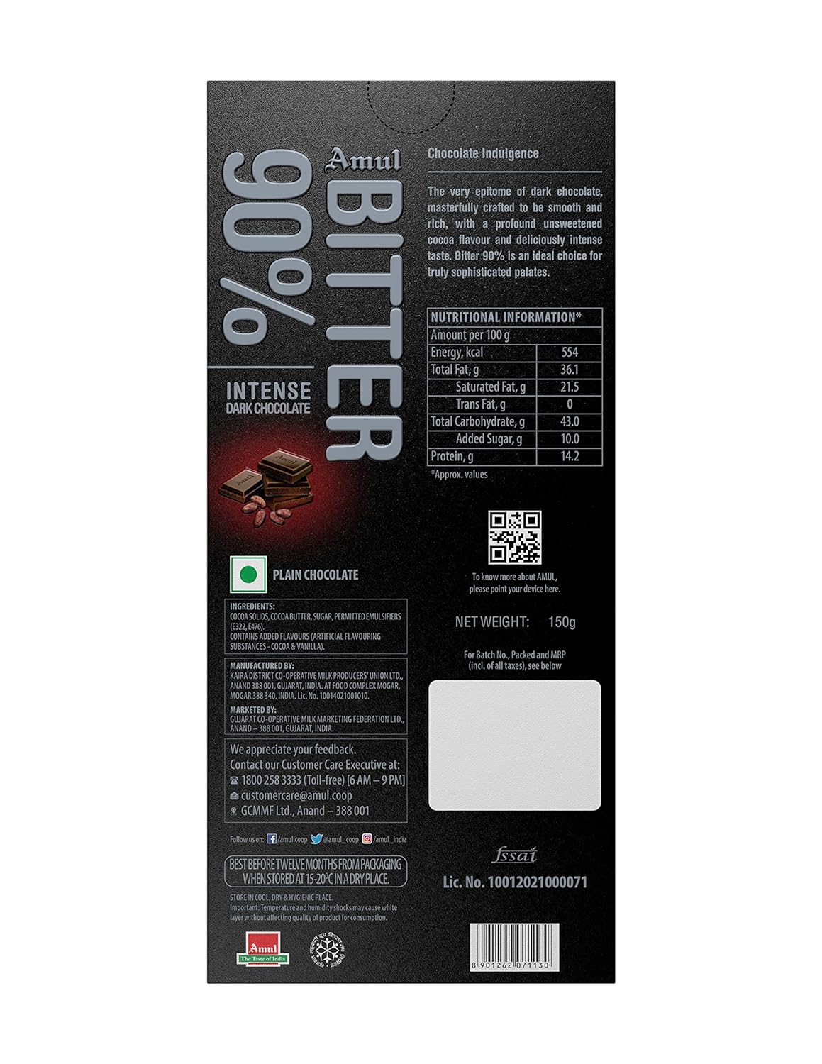 Amul Bitter 90% Chocolate, 150 Gram