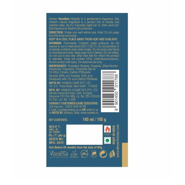 Denver Hamilton Integrity Deodorant Body Spray (165ml)